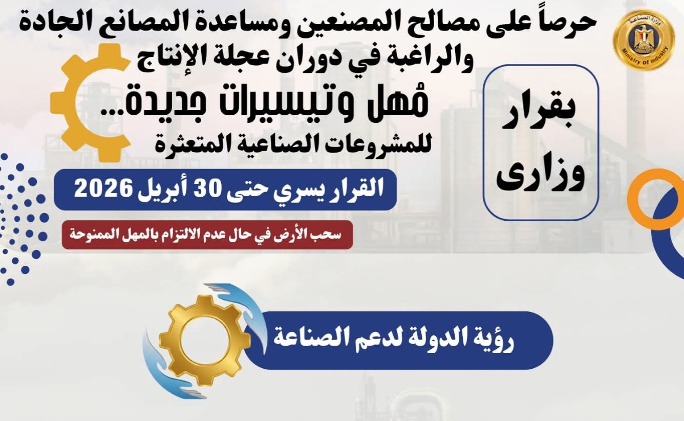 حزمة تيسيرات جديدة لدعم المشروعات الصناعية المتعثرة لتحفيز الاستثمار وتشغيل المصانع