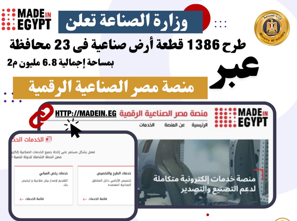 1386 قطعة أرض صناعية بمساحة 6.8 مليون متر مربع ضمن خطة الدولة لتوطين الصناعة