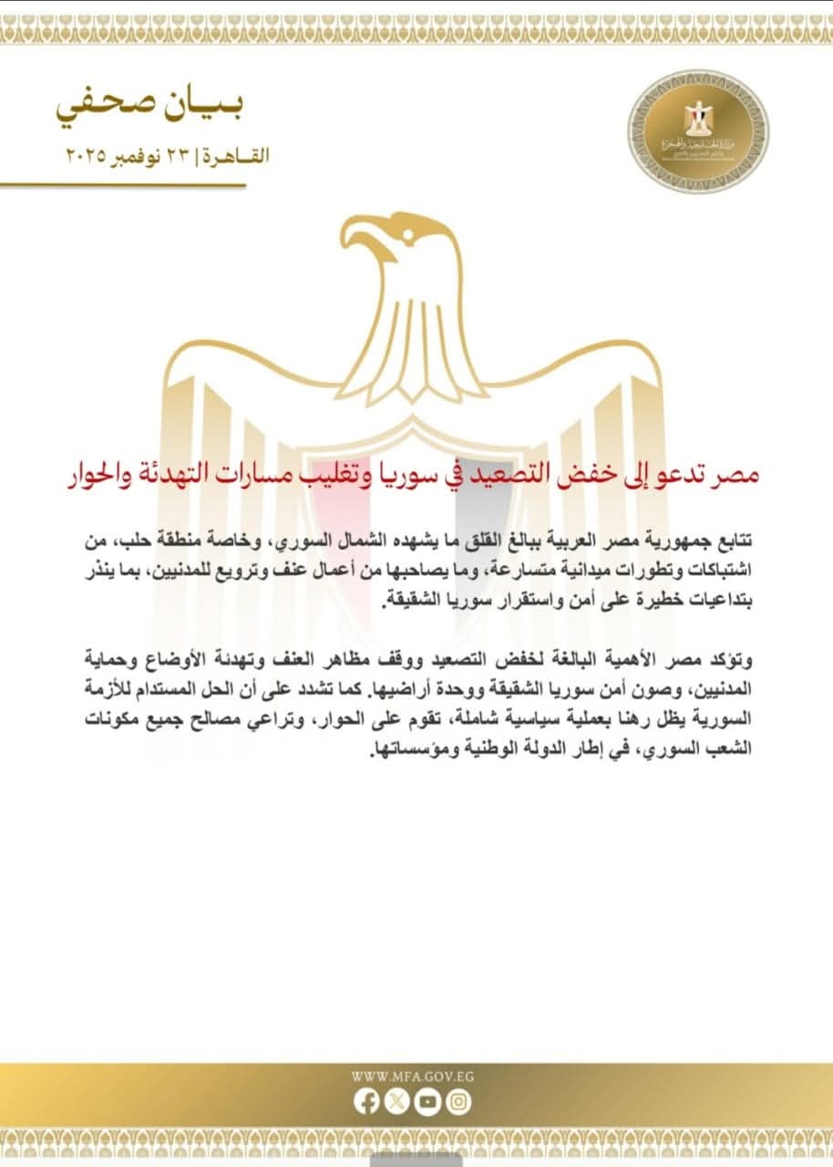 مصر تطالب بوقف التصعيد في سوريا وحماية المدنيين