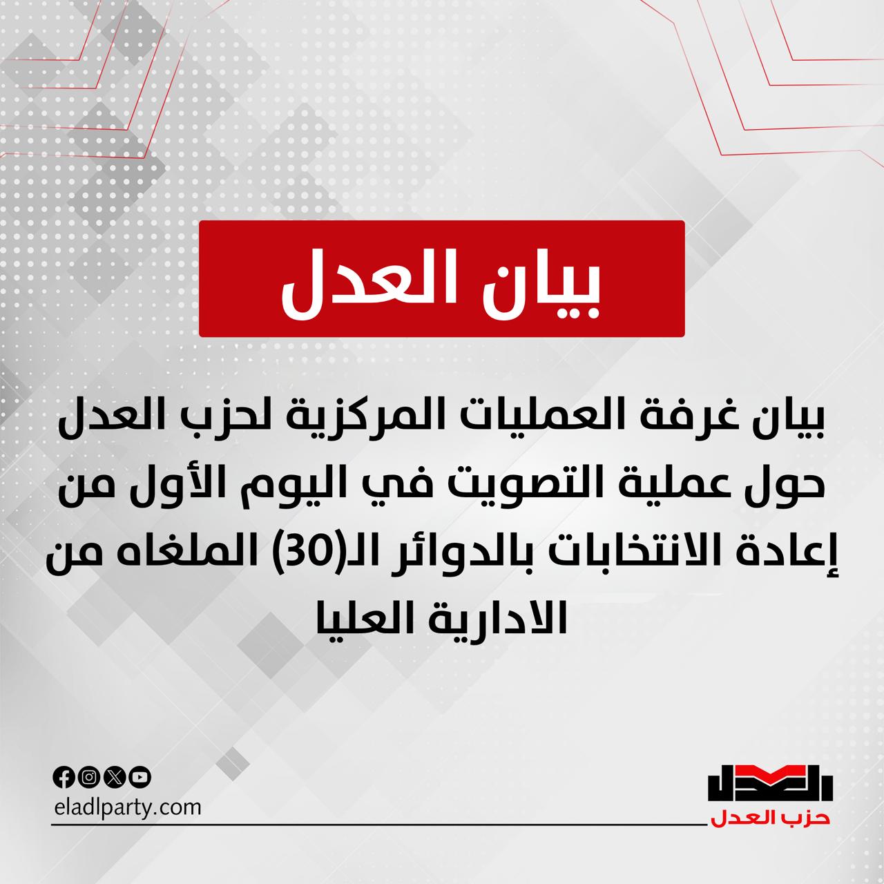حزب العدل يصدر تقريره  عن اليوم الأول للتصويت في دوائر الإعادة الملغاة