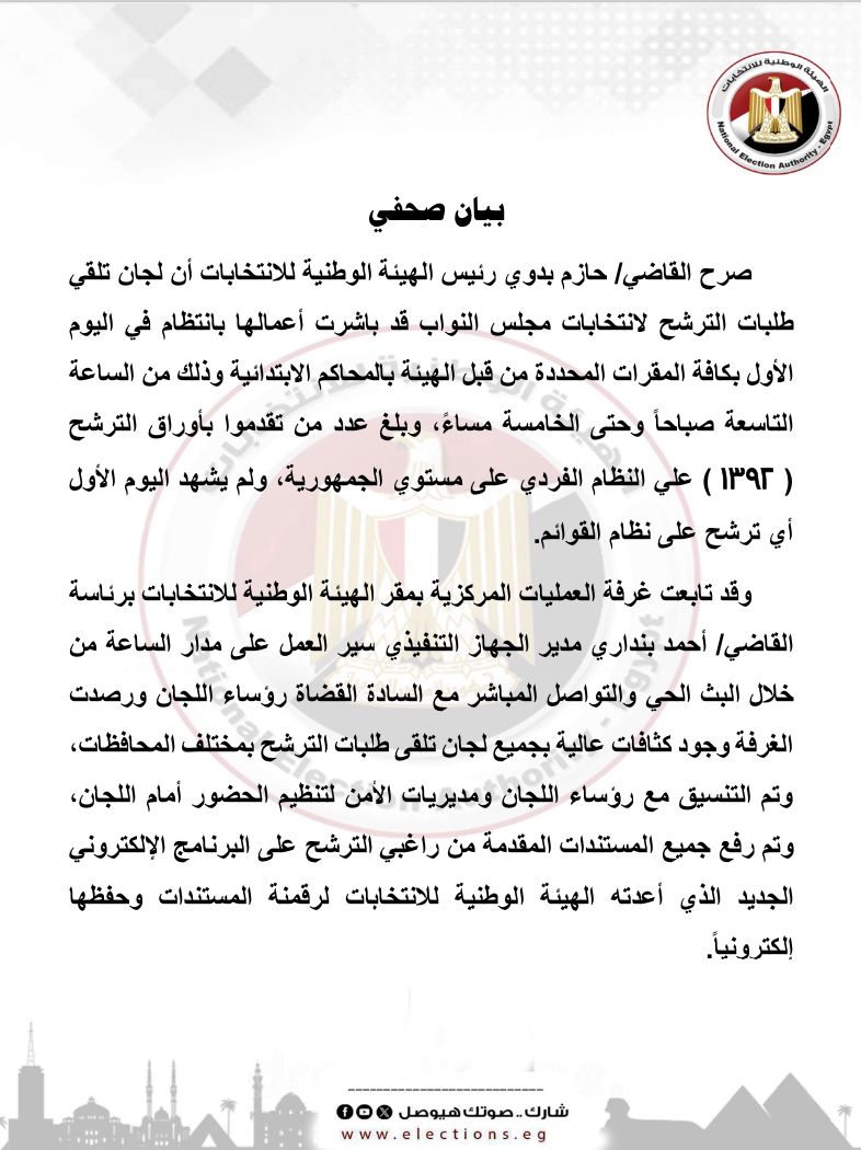 الهيئة الوطنية للانتخابات: استقبال 1392 طلب ترشح في اليوم الأول دون أي قوائم حزبية